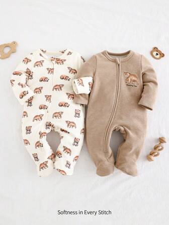 Cozy Pixies Pasgeboren babyjongen 2 stuks/set Cartoon Bear-patroon gebreide zachte ronde hals lange mouw voetje jumpsuit