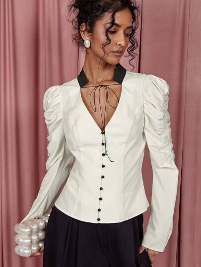 COSMINA 女士拼色系带领口羊腿袖优雅衬衫