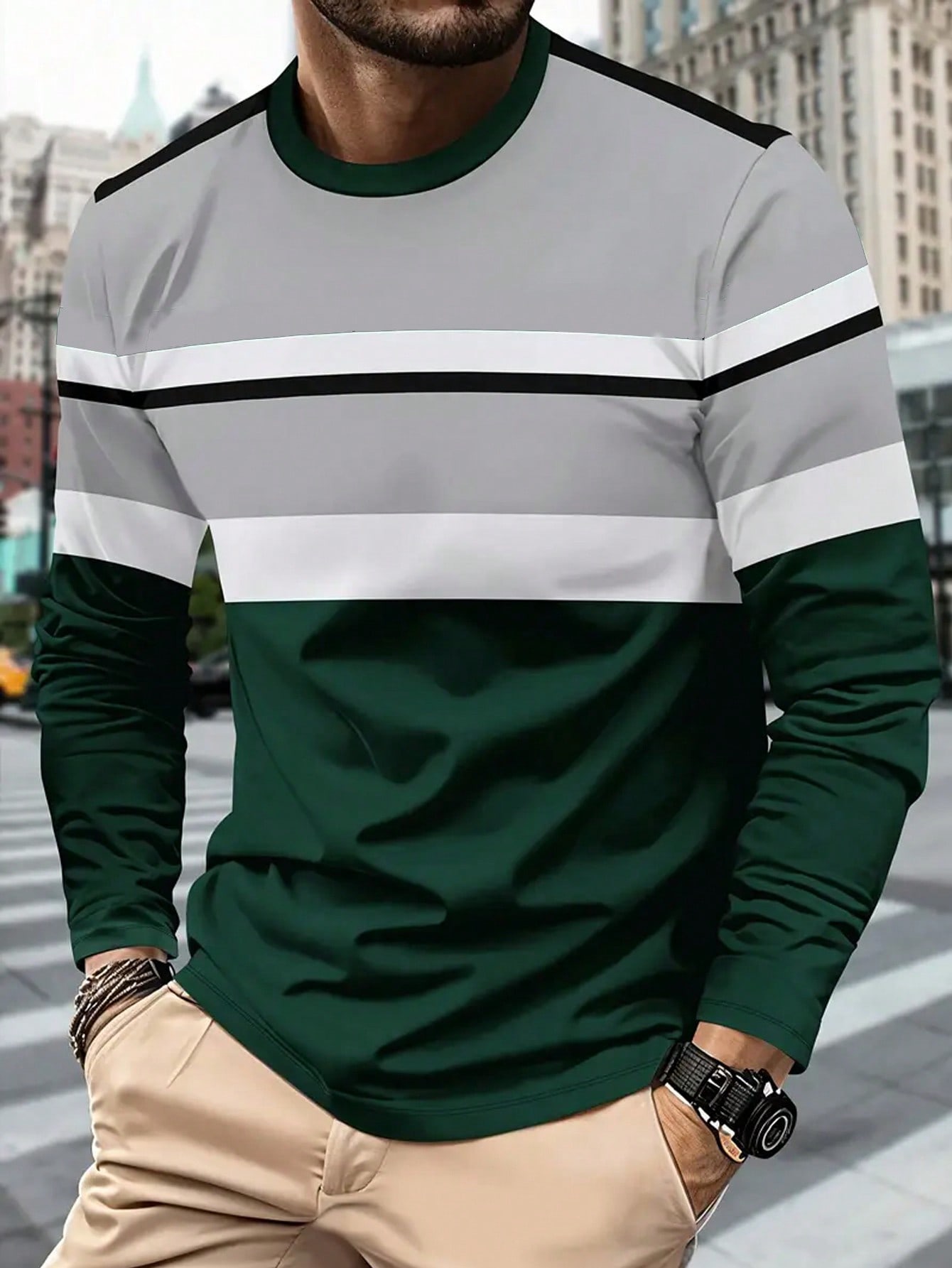 Manfinity Dauomo Men's Casual Colorblock Stripe Crew Neck Long Sleeve T-Shirt, Men's Pullover, Suitable For Daily Wear