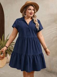 SHEIN VCAY 大码女式纯色蝙蝠袖纽扣半襟荷叶边下摆连衣裙 - 藏蓝色 - 查看 5