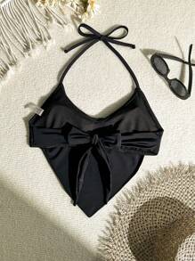 SHEIN Swim Top halter sin mangas sexy con tirantes de lazada de unicolor para mujer, verano