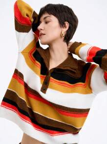 SHEIN LUNE Women's Front Button Long Sleeve Striped Casual, Daily Wear Knit Pullover Fall Winter Sweater - Brown - View 5