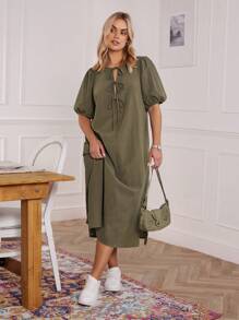 SHEIN LUNE Sukienka z rozcięciem w dużym rozmiarze z wycięciem na klatce piersiowej, kokardą i rękawami typu latarnia, dla kobiet, na krzywe, ubrania walentynkowe, strój kowbojski, strój boho, festiwal starych pieniędzy, boho, zachodni, kobiety, hipisowski, letni, boho, stare pieniądze