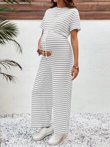 SHEIN Maternity Casual Striped Short Sleeve Jumpsuit - White - View 4