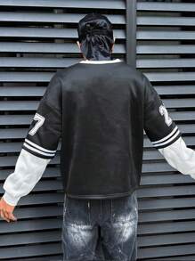 Sudadera con capucha casual de hombre con cuello redondo, de unicolor, parches y estampado de números de manga larga