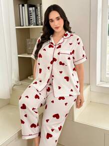 Dream Adore Ensemble robe et pyjama grandes tailles, imprimé cœur aquatique, chemise à manches courtes rouge et pantalon long