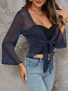 SHEIN Clasi Sheer Tie-Front Ruffle Sleeve Cropped Women Jacket - Navy Blue - View 4