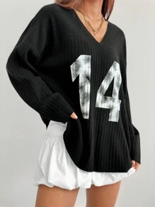SHEIN EZwear Suéter de cuello en V negro con estampado de números Y2K para mujeres