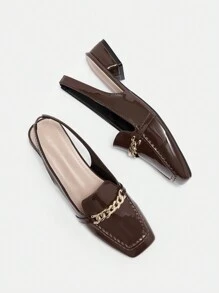 CUCCOO BIZCHIC Coffee Brown Patent Leather Shiny Chain Strap Low Heel Square Toe Flats, Fashion Casual Commuting, Dating, Party, Holiday Shoes For Women Spring Shoes Spring Break Easter For Christmas Spring Shoes - Coffee Brown - View 8