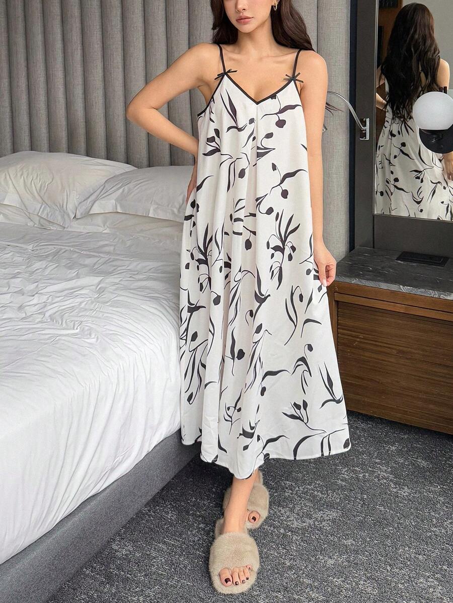 DAZY 花卉印花撞色边无袖长款睡袍睡衣