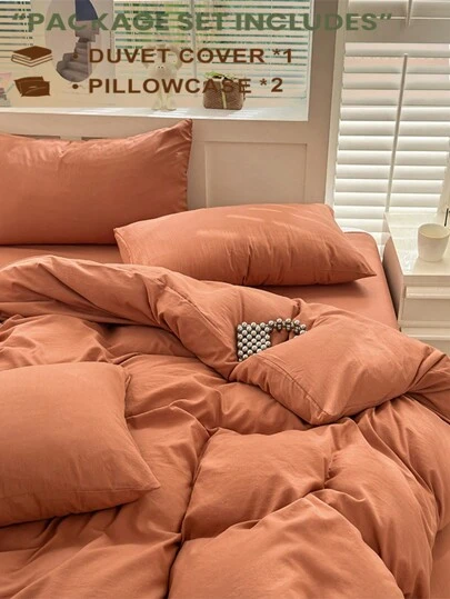 3 件套橙色床上用品套装，包括 1 个羽绒被套、2 个枕套，超柔软，可机洗，无填充物