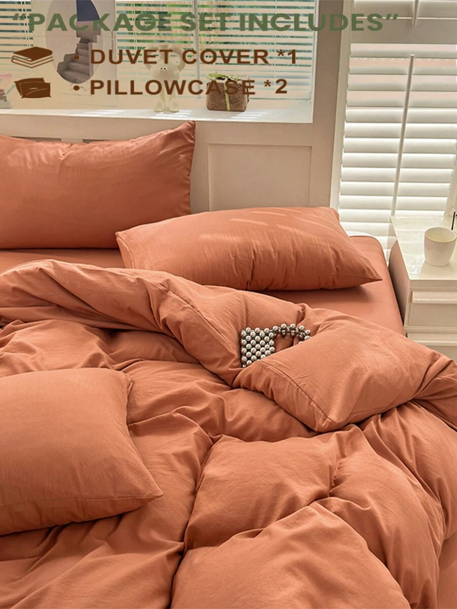 3 件套橙色床上用品套装，包括 1 个羽绒被套、2 个枕套，超柔软，可机洗，无填充物 - 橘色 - 查看 1