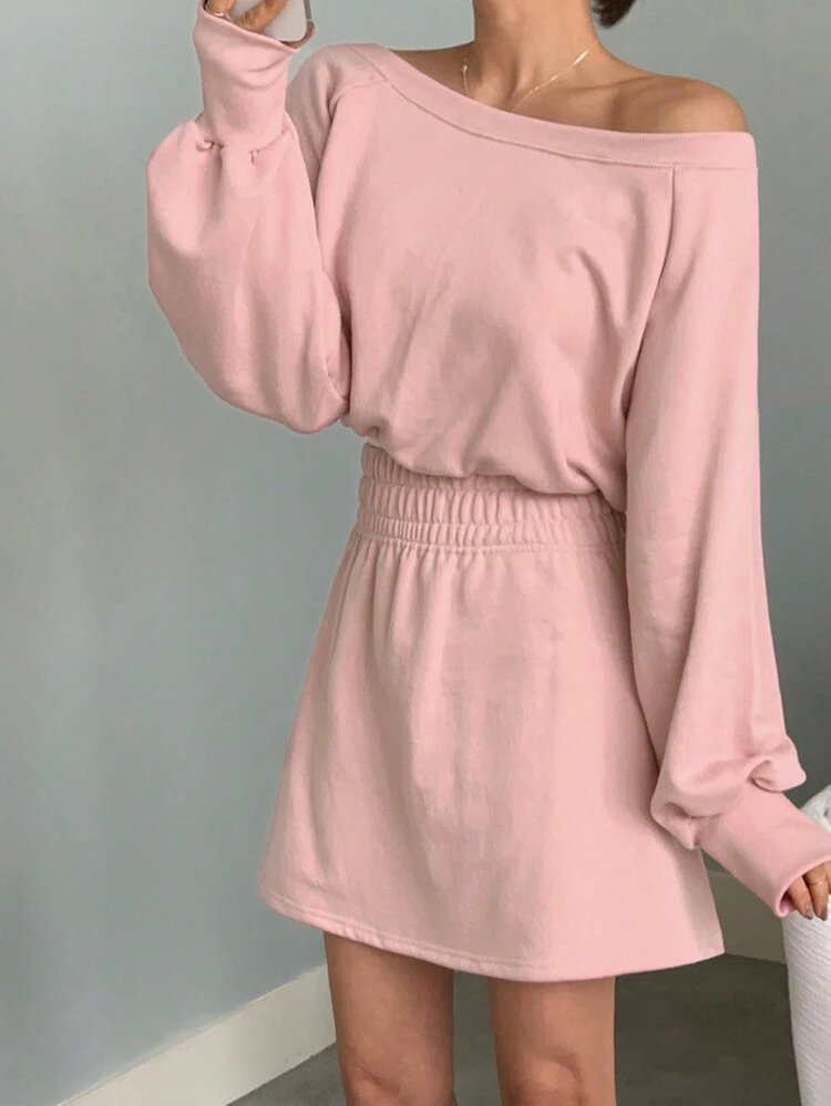 2pcs Women Off Shoulder Loose Fit Sweatshirt And Skirt Set, Solid Color, Pink, Spring/Summer/Autumn