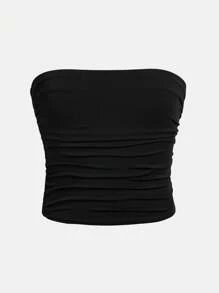 SHEIN 2pcs/Set Tween Girls Minimalist Comfortable Ruched Bandeau Top & Camisole Set - Light Grey - View 3