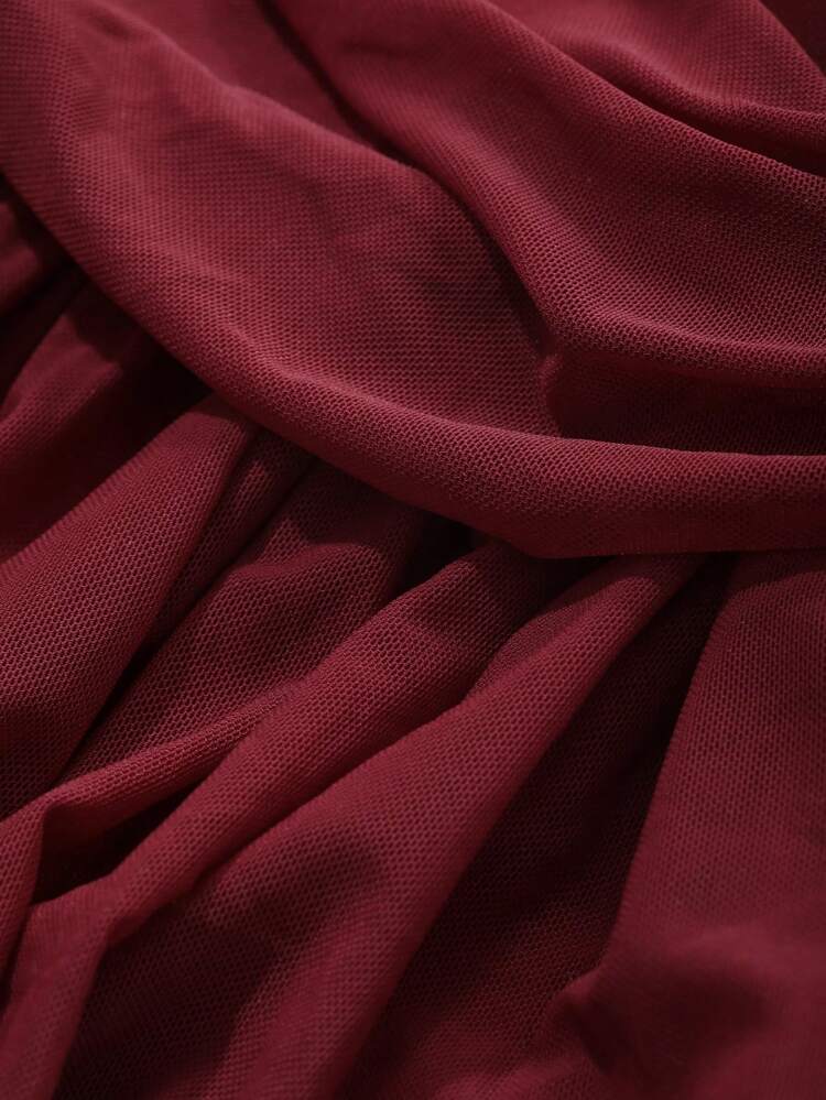 Encore Burgundy Solid Color Pleated Mid-Length Dress, Elegant For Wedding Guest Outfit, Spring Elegant,Ruffle,Dress For Wedding,Back To School Clothes,Fall Dress Long Sleeve Dress Red Women Dresses Christmas Maxi Dress