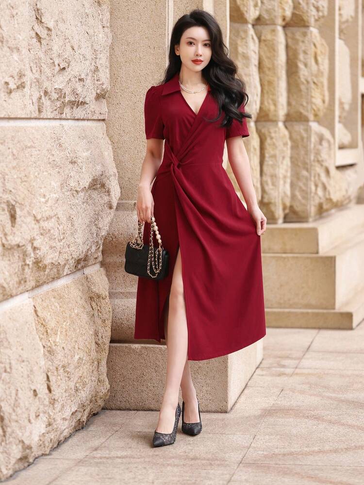 Women's Solid Color Twist Cut-Out Shirt Midi Dress Sundress Red Women Dresses Christmas