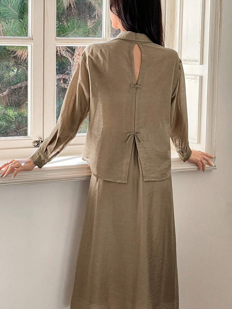 2pcs/Set Women Minimalist Elegant Shirt Top And Long Pleated Skirt Linen