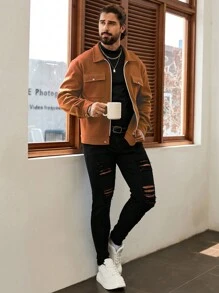 Manfinity CasualCool 男士休闲纯色短款夹克，秋季，红色冬季男士夹克，秋季男士，男士长袖羽绒服，休闲夹克，男士休闲夹克，男士秋季夹克 - 棕色 - 查看 4
