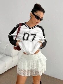 StreetHx T-shirt manches longues, matériau de sport décontracté, col côtelé en blocs de couleurs, imprimé sur les manches et l'avant