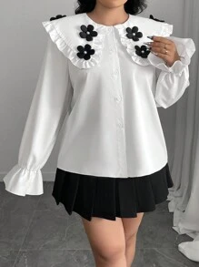 Celure Plus Size Elegant Blouse With Large Lapel, Rivet Cuff, Ruffle Trim