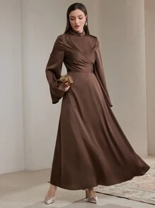 Veilorie 女士纯色立领长袖百褶优雅朴素连衣裙 - 咖啡 - 查看 2