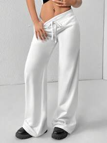 SHEIN PETITE Comfortable And Casual Plain Knitted Low-Rise Wide-Leg Women's Sweatpants