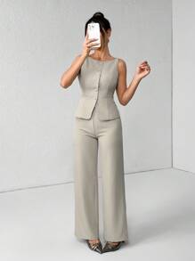 SHEIN PETITE Vestă și pantaloni cu un singur piept de culoare solidă pentru femei Costum de navetă elegant, vară, toamnă, haine pentru femei, set pentru femei, îmbrăcăminte pentru birou, pentru afaceri, casual, pentru femei, ținute în două piese, pentru toamnă, pentru femei, pentru birou, pentru femei, pentru femei, set de blazere - Kaki - Vizualizare 1