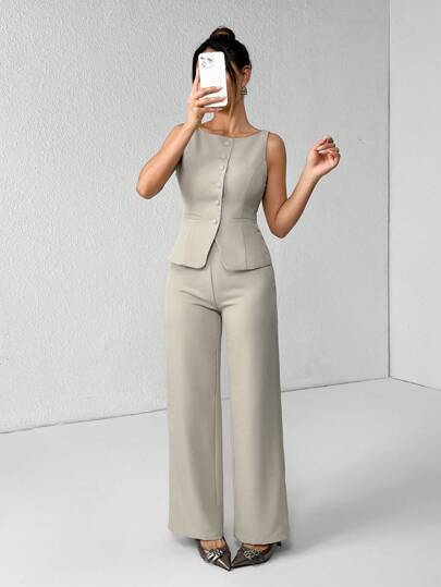 SHEIN PETITE Conjunto elegante para oficina/paseo de chaleco de un solo pecho de cuello redondo y pantalones de unicolor para mujer, ropa de verano y otoño, conjunto de dos piezas, traje informal de negocios, juego de blazer para mujer