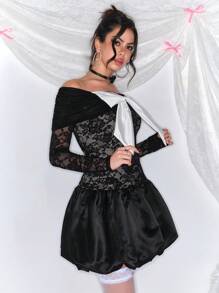 ROMWE Kawaii Váy mini ren peplum hở vai trang trí nơ dễ thương ngày lễ tình nhân cho nữ - màu đen - Xem 5