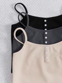 SHEIN Leap Crew Tween Girls 3pcs/6pcs Casual Solid Color Knit Camisole & Shorts Set - Light Grey - View 3