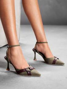 CUCCOO SZL Zapatos de tacón alto con punta puntiaguda de PU vintage verde oliva para mujeres