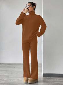 SHEIN Unity 2 Pieces Plain Color Minimalist Casual Top And Pants Set, Versatile - Brown - View 3