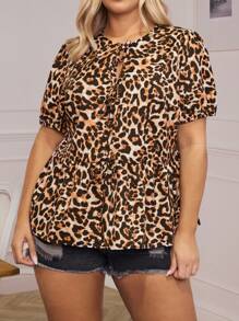 SHEIN LUNE Plus Size Front Tie Short Sleeve Leopard Print Simple Casual Shirt Mardi Gras/Rave Outfits