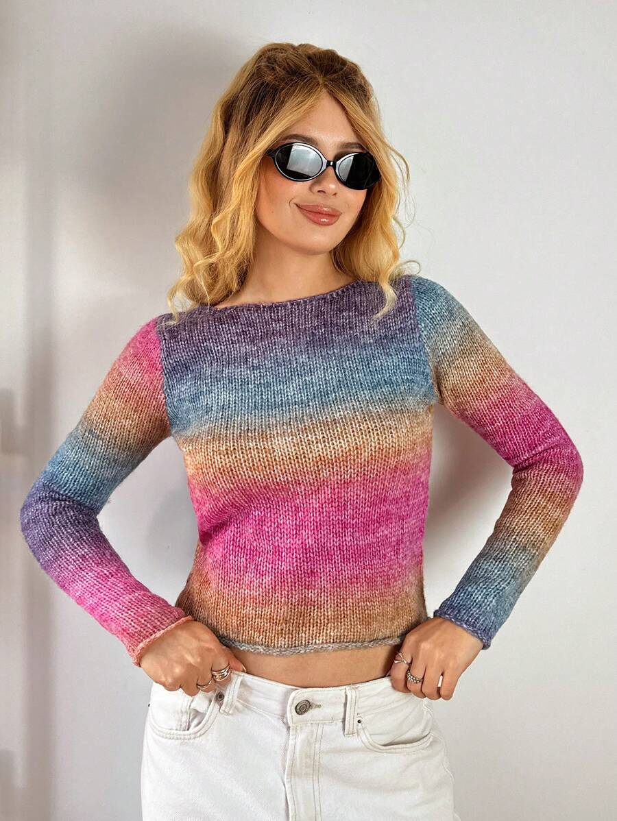 Forever 21 New Arrival Autumn/Winter Round Neck Fitted Cropped Long Sleeve Unique Multi-Color Striped Knitted Sweater - Multicolor - View 1