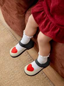 Cozy Pixies 1pair Fashionable Versatile Heart Princess Style Contrast Color Cute Toddler Girls Soft Bottom Flat Shoes, Baby