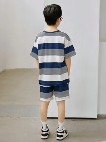 Tween Boy 2 Pieces Set,Blue White Stripe Crew Neck Short Sleeve Top And Shorts Outfit,Casual Modern Street Style For School,Back-To-School,Summer - Multicolor - View 2