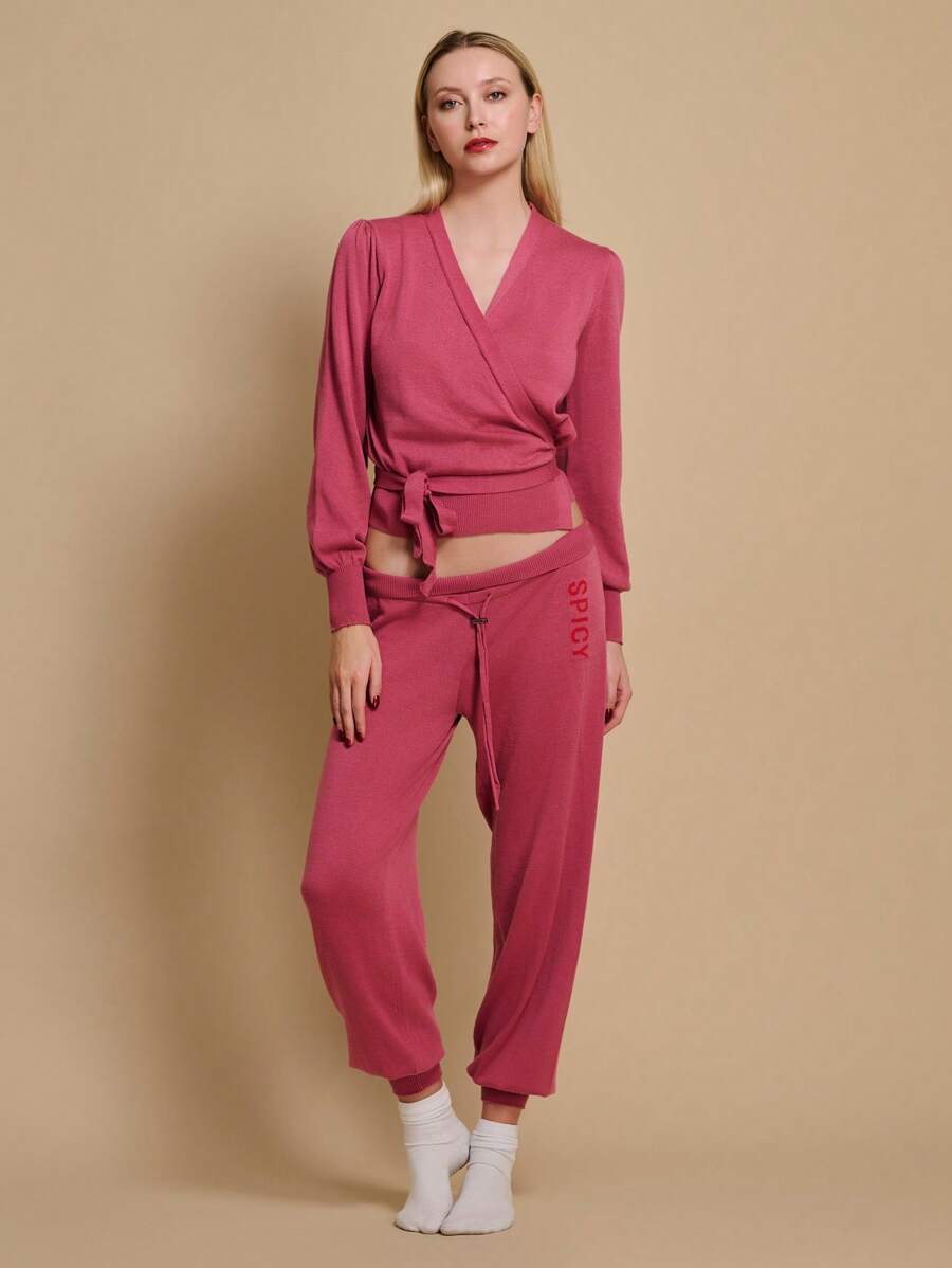 TryMe Women Lace-Up Long Sleeve Casual Top And Pants Set - Hot Pink - View 1