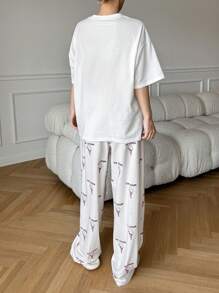 DAZY Cute Ice Cream Print Short Sleeve & Long Pants Pajama Set, Loose Fit