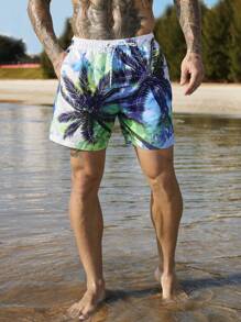 Surfspeed Pantaloni scurți de plajă casual pentru bărbați, cu imprimeu cu plante, cu șnur, în stil de vacanță relaxat