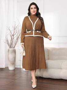 Modelyn Bộ vest 2 món thanh lịch cho nữ mùa thu/đông cỡ lớn, áo khoác cardigan dài tay màu tương phản và váy maxi không tay - Lạc đà - Xem 6