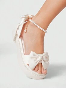 ROMWE Kawaii 法式甜美可爱蝴蝶结仙女款厚底仿珍珠踝带露趾时尚罗马凉鞋学生日式春鞋