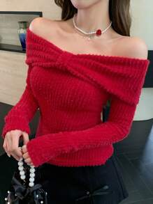 DAZY Valentine's Day Off Shoulder Ruffle Design Women T-Shirt Long Sleeve Women Tops - Red - View 4