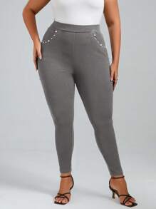 SHEIN Clasi Plus Size Slant Pocket Pearls Beaded Skinny Pants - Grey - View 3