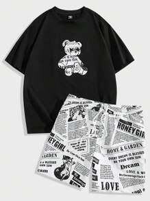 Manfinity VCAY Plus Size Men's Loose Knit Bear Pattern T-Shirt And Shorts Set, Casual