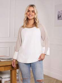 SHEIN LUNE 1 pièce T-shirt ample à manches longues, col rond, à rayures, pour femme grande taille - Beige - Voir 1