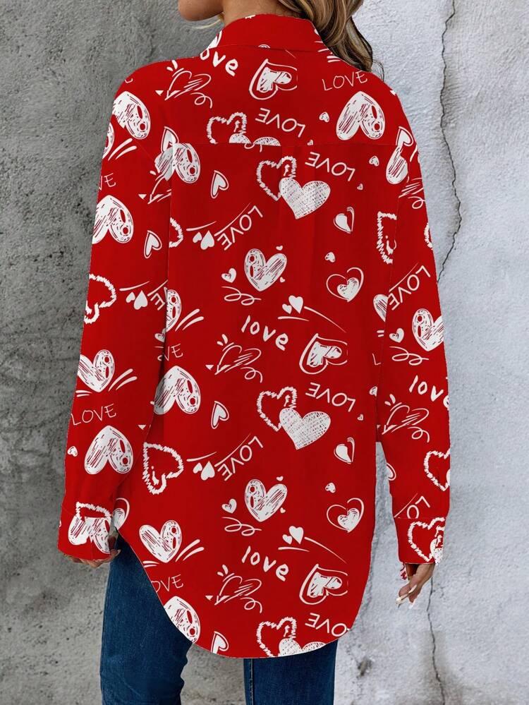 Casual Minimalist Heart Pattern Loose Fit Long Sleeve Shirt For Women, Suitable For Spring/Summer