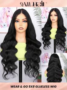 方便穿戴的免膠假髮人髮身體波浪髮假髮預植預剪8x5無痕人髮長假髮，透明蕾絲鬆弛人髮即用假髮閉鎖線150％密度自然黑色 - S1 - 查看 1