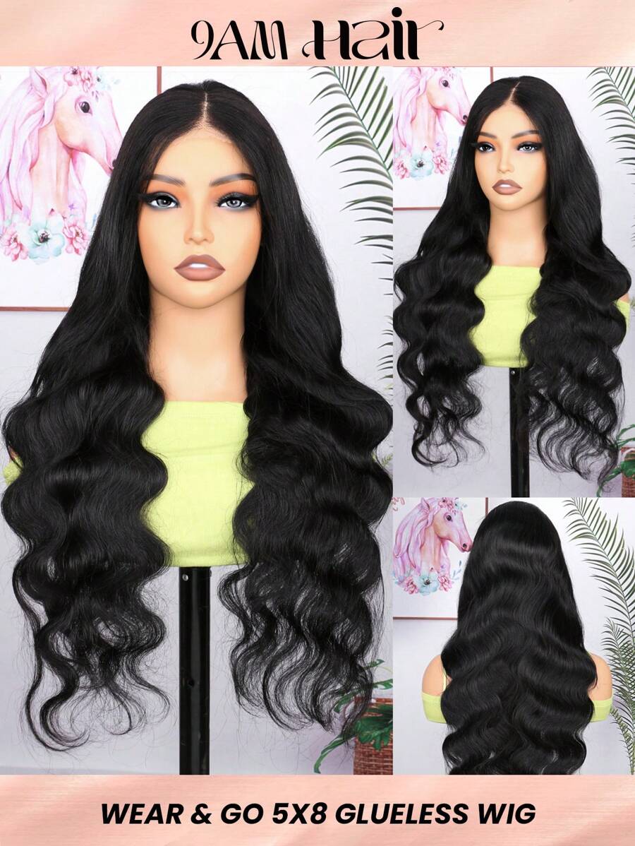 方便穿戴的免膠假髮人髮身體波浪髮假髮預植預剪8x5無痕人髮長假髮，透明蕾絲鬆弛人髮即用假髮閉鎖線150％密度自然黑色 - S1 - 查看 1