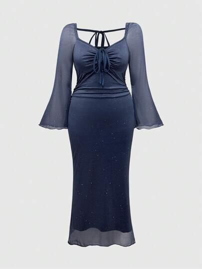 Hippie فستان متوسط الطول كشكشة بأربطة من الشبك الأنيق بلون واحد مناسب للمقاسات الكبيرة، لارتداء في رأس السنة الجديدة