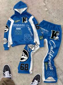 SHEIN Leap Crew Casual Loose Gothic Text, Baseball Culture, Number 23&68, Hip Hop Sport Style 2pcs Outfit - Hoodie With City Name Graphic Print & Pants For Teen Boys - Multicolor - View 1